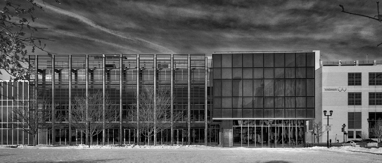 Pappajohn Center from park (B&W)